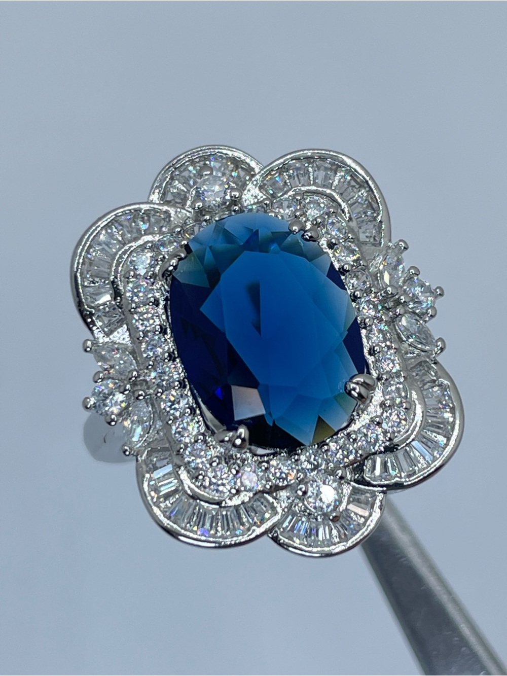 Swarovski Sapphire Blue Crystal Elements Art Deco Statement Ring Vintage Glam